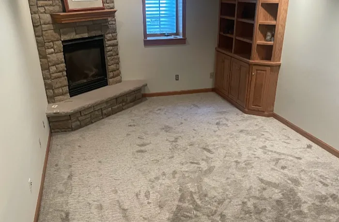 carpet installation with fireplace and corner hutch in MN 